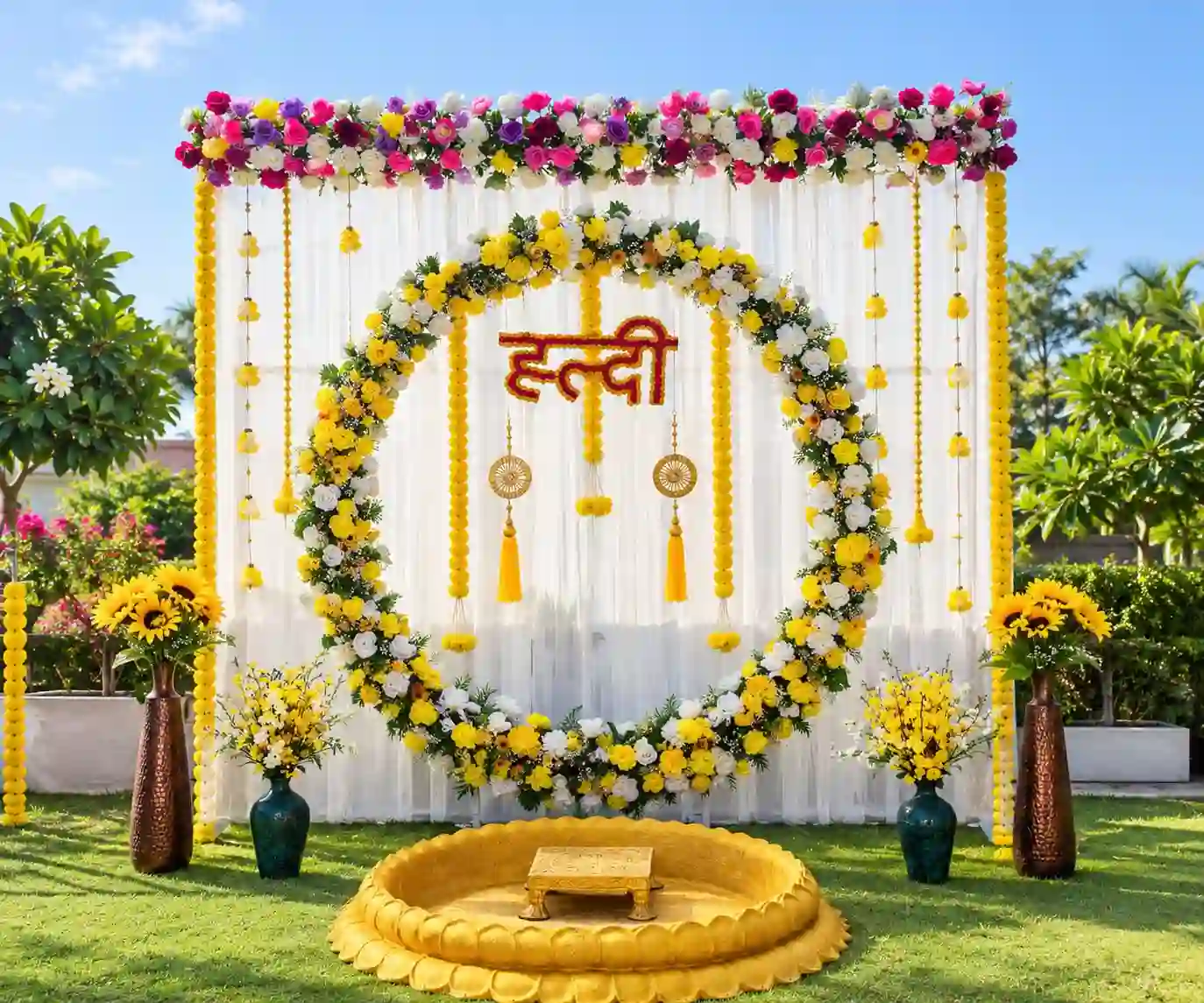Sunshine Outdoor Marigold & Rose Floral Backdrop Setup
